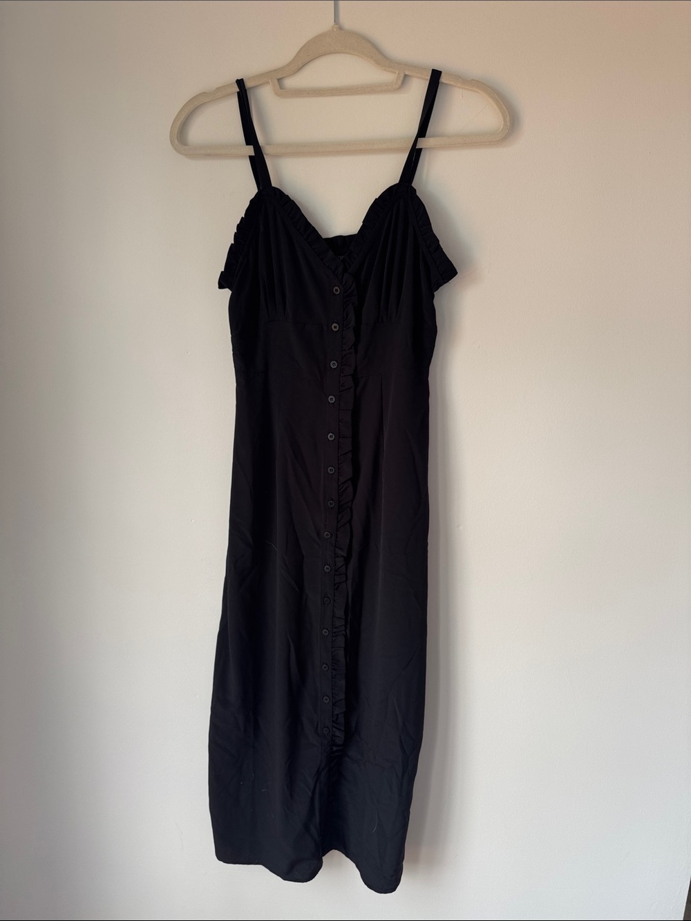 Topshop Black Button-Front Midi Slip Dress with Ruffle Trim